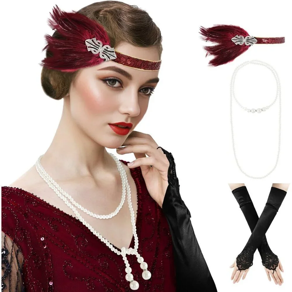 1920s Flapper Accessories Set Pearl Necklace Gloves Feather Headband